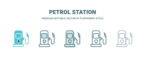 petrol station icon in 5 different style. Outline, filled, two color, thin petrol station icon isolated on white background. Editable vector can be used web and mobile