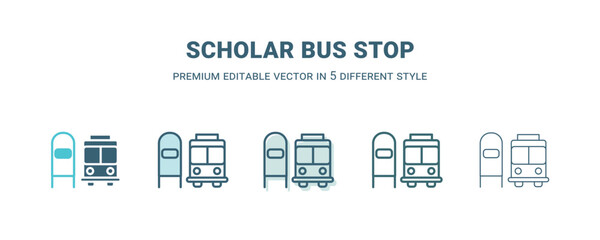 Fototapeta premium scholar bus stop icon in 5 different style. Outline, filled, two color, thin scholar bus stop icon isolated on white background. Editable vector can be used web and mobile