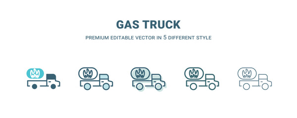 gas truck icon in 5 different style. Outline, filled, two color, thin gas truck icon isolated on white background. Editable vector can be used web and mobile