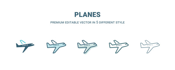 planes icon in 5 different style. Outline, filled, two color, thin planes icon isolated on white background. Editable vector can be used web and mobile