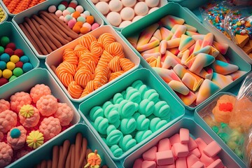 Candies and sweets of every conceivable hue, displayed for sale in trays at a flea market. Generative AI