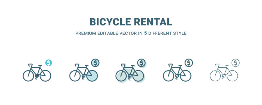 bicycle rental icon in 5 different style. Outline, filled, two color, thin bicycle rental icon isolated on white background. Editable vector can be used web and mobile