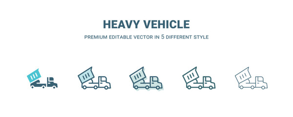 heavy vehicle icon in 5 different style. Outline, filled, two color, thin heavy vehicle icon isolated on white background. Editable vector can be used web and mobile