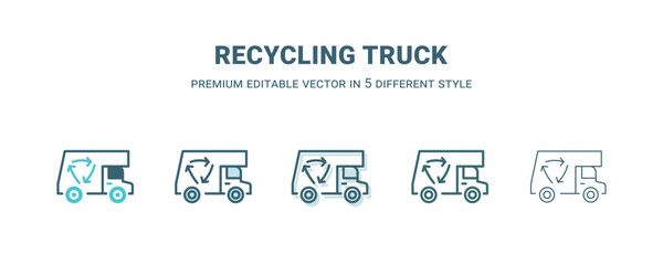 recycling truck icon in 5 different style. Outline, filled, two color, thin recycling truck icon isolated on white background. Editable vector can be used web and mobile