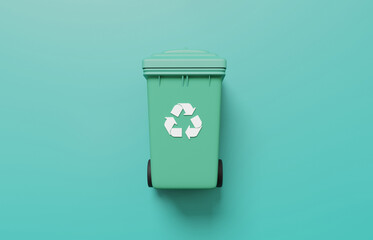 Green trash recycle symbol on green pastel background, environment concept. bio ecosystem protection, earth care, return, waste, copy space, 3d render illustration. cartoon minimal style