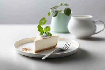 Cheesecake with mint leaves, cream with a cup of hot coffee on a white table. Breakfast with morning sun. Minimalist style. Generative AI