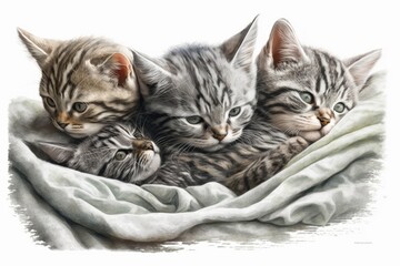 Fototapeta na wymiar Silver tabby cat with short Scottish hair. Kittens sleep soundly on a bed, wrapped in a cozy white blanket. Animals have a safe, comfortable place to sleep at night. Web banner with an above perspecti