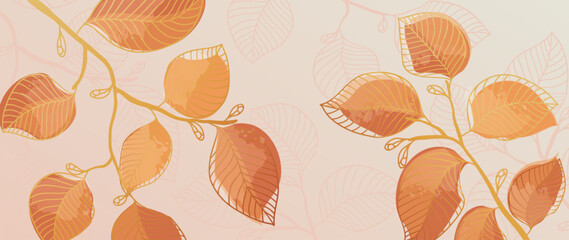 Bright leaves, handmade background. Botanical vector wallpaper with watercolor and leaves. Pink and yellow design for banners, prints, wall art and home decor.