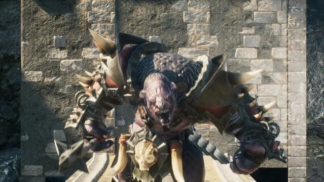 An epic battle between a knight and a troll. Fantasy Medieval Concept. View of the troll and the battle of the knight. Animation suitable for fantasy or military backgrounds.