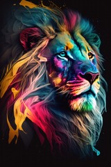 Abstract Lion Head Painting - Close up Portrait - Rainbow Neon Colors - Poster / Wall Art - Generative Ai Illustration 