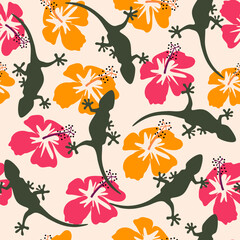 hand drawn cute seamless vector pattern background illustration with colorful hibiscus flowers and green lizard silhouette - 578769745