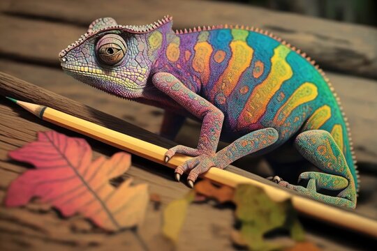 Beautiful of chameleon panther, chameleon panther on colored pencils, chameleon panther attempting camouflage. Generative AI