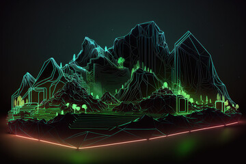 Abstract Colorful Neon Terrain, glowing in the dark, created with Generative AI