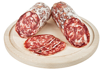 Delicious salami sausage on wooden plate on white background