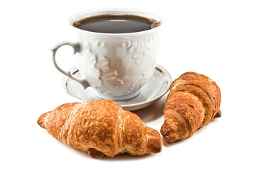 Hot coffee cup and delicious croissants on white background