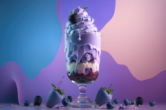 3d blueberry parfait concept with a pastel backdrop