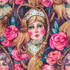 Watercolor vintage doll faces seamless pattern with roses and ribbons on black