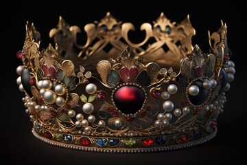 a crown of gold studded with rubies and pearls, set against a jet black ground. Generative AI