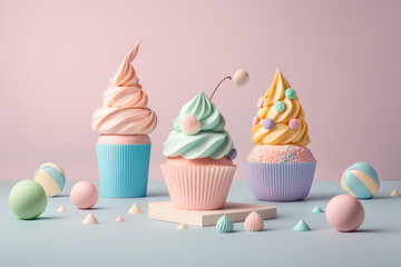 3d trendy cupcakes with a pastel backdrop made by generative ai