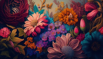 Multicolor Floral Watercolor Wallpaper Background with Abstract Canvas Texture. Generative AI.