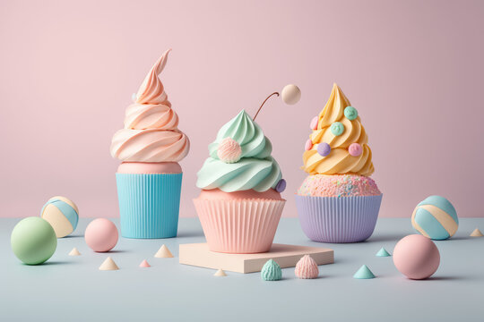 3d trendy cupcakes with a pastel backdrop made by generative ai