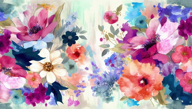Multicolor Floral Watercolor Wallpaper Background with Abstract Canvas Texture. Generative AI.