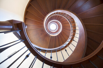 Wooden spiral staircase.