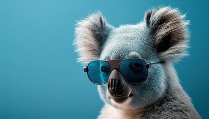 Obraz premium Cool koala face with sunglasses, empty copy space for text, pastel blue studio background. Generative AI.