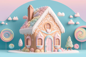 3d model of gingerbread house illustration with a pastel backdrop made by generative ai