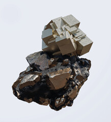 A 3D rendered image shows a shiny metal surface with a rough texture similar to the pyrite mineral. The surface appears to be part of a larger rock structure with jagged edges and irregular shapes.