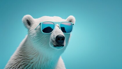 cool polar bear face with sunglasses, empty copy space for text, pastel blue studio background. Generative AI. - obrazy, fototapety, plakaty
