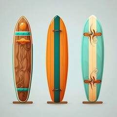 Collection of vintage wooden longboard surfboards isolated