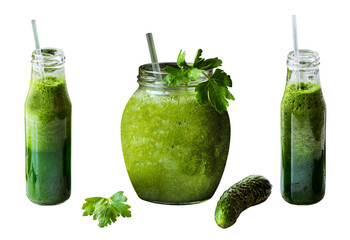 Vegan drink healthy detox diet green smoothie with different vegetables on isolated png background - obrazy, fototapety, plakaty