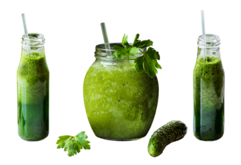 Vegan drink healthy detox diet green smoothie with different vegetables on isolated png background