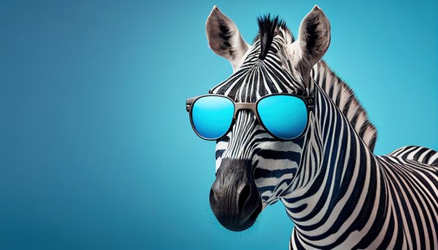 Cool zebra face with sunglasses, empty copy space for text, pastel blue studio background. Generative AI.
