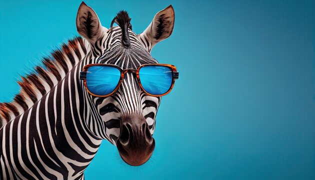 Cool zebra face with sunglasses, empty copy space for text, pastel blue studio background. Generative AI.