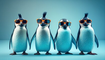 four cool penguins face with sunglasses, empty copy space for text, pastel blue studio background. Generative AI.