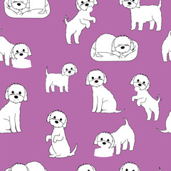 Maltese puppies outline - cute seamless pattern with dogs on pink backgroud.  Cartoon hand drawn vector illustration with white dogs.