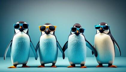 four cool penguins face with sunglasses, empty copy space for text, pastel blue studio background. Generative AI. - obrazy, fototapety, plakaty