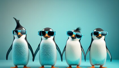 four cool penguins face with sunglasses, empty copy space for text, pastel blue studio background. Generative AI. - obrazy, fototapety, plakaty