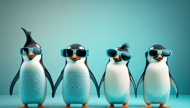 four cool penguins face with sunglasses, empty copy space for text, pastel blue studio background. Generative AI.