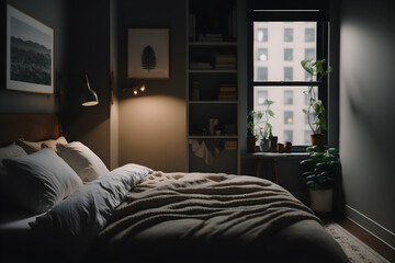 bedroom in hotel, interior of a room, interior of a bedroom, Bedroom minimalism style