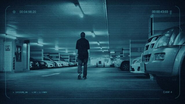 CCTV Man Walks To Car, Suspect, Victim, Crime Concept