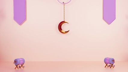 a pink background with a symbol of two drums with a crescent moon hanging decoration to complement the celebration of Eid al-Fitr for Muslims
