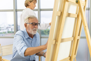 Elderly couple relax, Happy Two seniors drawing art as hobby to relax