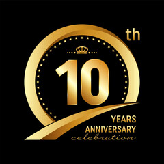 10th Anniversary logo design with golden ring for anniversary celebration event, invitation, wedding, greeting card, banner, poster, flyer, brochure. Logo Vector Template