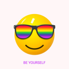 Pride Month greeting card. Banner for Pride Month with 3d funny smile emoji with rainbow sunglasses on eyes for design of LGBTQ events. Human rights and tolerance concept. Vector illustration.