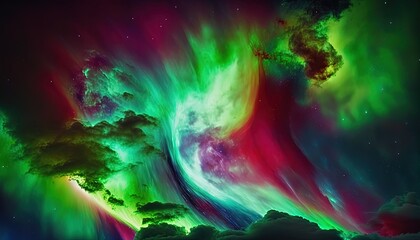 a colorful sky with clouds and a green and red swirl.  generative ai