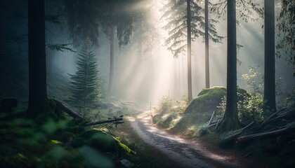  a path in a forest with sunbeams shining through the trees.  generative ai