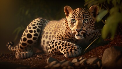  a close up of a leopard laying on a dirt ground.  generative ai